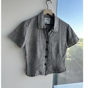 FLAX Gray 100% Linen Collared Button-Up Blouse Short Sleeve Women's Petite